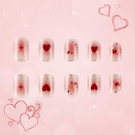 Valentines Press on Nails Short Square Glitter French Tip Fake Nails with Red Heart Star Designs Pink Ombre Full Cover Glue on Nails Valentine's Day Gradient False Nails for Women Girls 24 Pcs