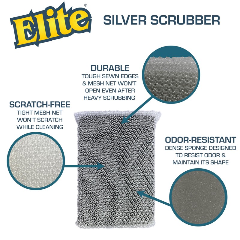 Elite Silver Scrubber Sponge, 6 Pack, Non Scratch, Sponges for