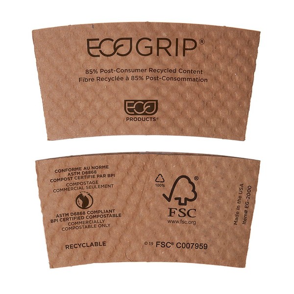 Eco-Products EcoGrip Compostable Hot Cup Sleeves, Brown, Case of 1300 (EG-2000), 3.5 inches