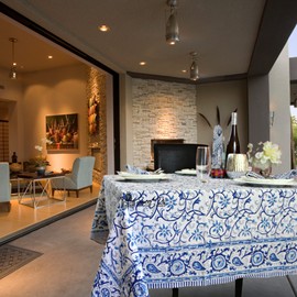 Sweet Us Stella Floral Cotton Block Print Tablecloth and One Gray Napkin, Floral Kitchen Dining Table Cloth, Table Cover for Indoor and Outdoors, Blue Opal, 60 x 90 in