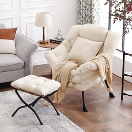 HomEastlly Lazy Chair with Ottoman, Modern Lounge Accent Chair with Armrests and a Throw Pillow, Leisure Sofa Chair Set, Reading Chair with Footrest for Living Room, Bedroom, Office, Velvet Ivory