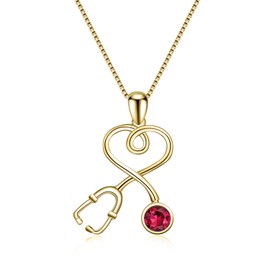 Nurse Gifts for Women 925 Sterling Silver 14K Gold Plated Stethoscope Pendant Necklace with Red July Birthstone, Doctor Necklace Jewelry Gifts for RN Medical Students White Coat Ceremony