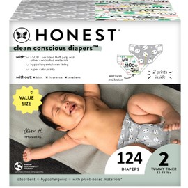 The Honest Company Clean Conscious Diapers | Plant-Based, Sustainable | Pandas + Barnyard Babies | Super Club Box, Size 2 (12-18 lbs), 124 Count