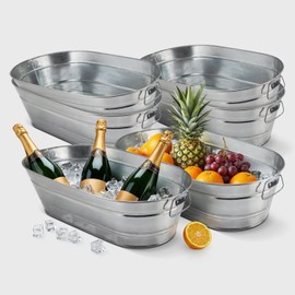 PLEXON Galvanized Tub with Handles - Beverage Tub - Metal Ice Bucket for Parties - Ice Bucket for Cocktail Bar Restaurant - Drink Beer Champagne Chiller Cooler - 5.3 Gallon (20L), Set of 6