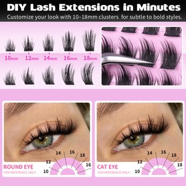 Lash Clusters Kit 144Pcs Wispy Cluster Eyelash Extensions Kit 10-18mm Manga Cluster Lashes with Bond and Seal & Tweezers Spike Lash Extension Volume Eyelash Clusters Kit