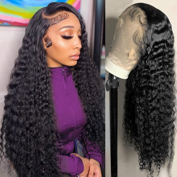 Lace Front Wigs Human Hair: 13x4 Deep Wave Lace Frontal Wigs Human Hair for Women 180 Density 28 Inch HD Transparent Glueless Deep Curly Lace Wigs Human Hair Pre Plucked with Baby Hair Natural Black