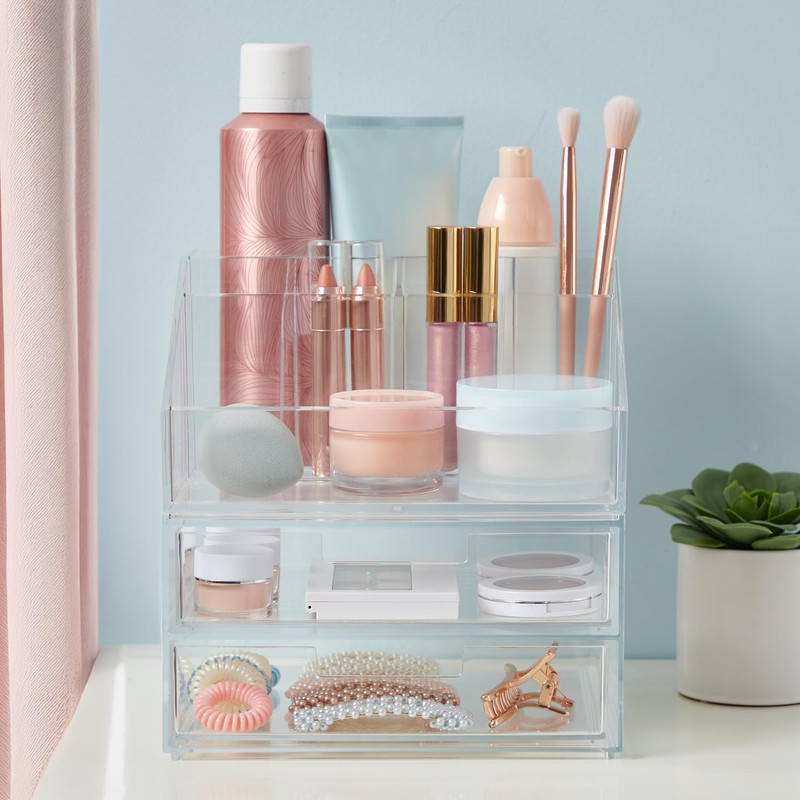 STORi Chloe Stackable Makeup Holder & Drawer Organizer Set, Clear,
