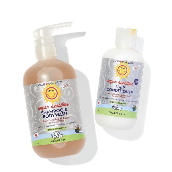 California Baby Super Sensitive Shampoo & Bodywash + Hair Conditioner | 100% Plant-based Ingredients | Allergy-Friendly | 19oz Fragrance Free Baby Wash and 8.5oz Conditioner | Organic Calendula + Aloe