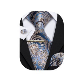 Barry.Wang Men's Silk Paisley Ties with Handkerchief Cufflink Tie Set Festive Wedding 3 Pieces, blue / grey