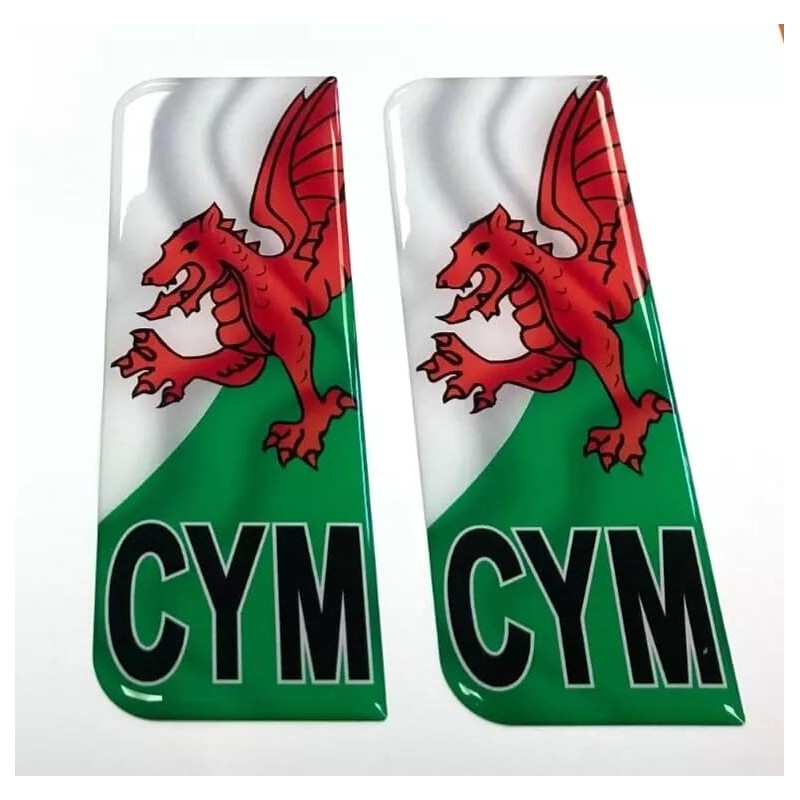 Domed CYM Wales Flag Vehicle Number Plate Stickers - 39mm