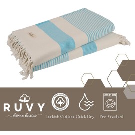 Ruvy Home Basics 2 Pack Turkish Beach Towels – Oversized Quick-Dry Bath Towels (40 x 72 Inches) – 100% Cotton Large Towels for Pool, Yoga, Travel, Camping Essentials, and Bathroom Decor - Turquoise