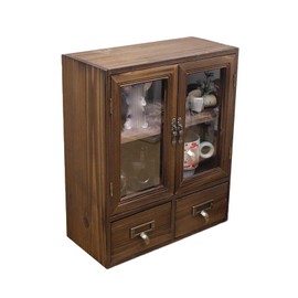 RZGZKLSH Rosetta Mini Countertop Country Vintage Locker, Wall-Mounted Wood Display with Organic Glass Door, Food Storage, 2 Bottom Drawers-Pharmacist Cabinet-Display Cabinet (Burnt Wood Color)