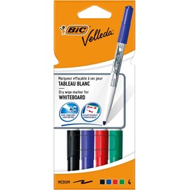 BIC Velleda 1741 Whiteboard Markers, Medium Bullet Nib Pens - Durable Plastic Wallet - Assorted Colours, Pack of 4,packaging may vary