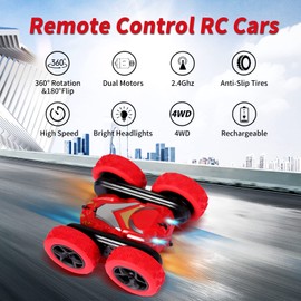 Remote Control Cars, RC Stunt Car Toys for Girls Boys Age 5 6 7 8 9 10, 2.4Ghz Double Sided 360° Flips Rotating 4WD Off Road Racing RC Car, Perfect Kids Toys Gifts on Birthday Christmas (Red)
