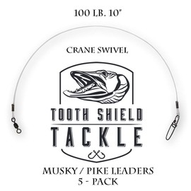 5 Pack 100 lb. Premium Fluorocarbon Tooth Shield Tackle Musky Leader Muskie Pike Leader (Crane Swivel) (10)