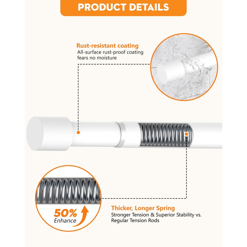 PadPure Spring Loaded Tension Rods 24-36 Inch, Adjustable Pressure Expandable