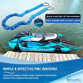 DockingPal - Premium Flat Bungee Dock Lines for Boats (Lagoon Blue | Elastic Boat Dock Rope with Stainless Steel Carabiners | Stretches from 3' to 5' | Absorbs Shocks Damage to Jet Ski, PWC