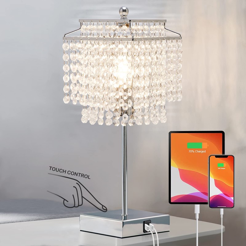 Touch Crystal Table Lamp Silver, Bedside Lamp with USB C+A