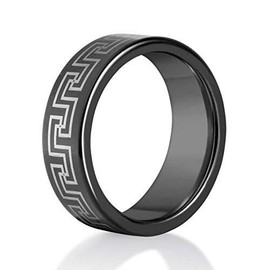 Black Tungsten Ring with Greek Key Pattern