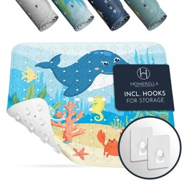 Homerella Children's Shower Mat, Skin-Sensitive, 53 x 53 cm, Including Hooks for Storage, Shower Mat Non Slip Anti Mould, BPA-Free, Latex-Free, Non Slip Shower Mat Square