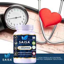 L-Arginina Pura | 100 Capsulas 500 mg | Suplemento Alimenticio | Energia Muscular, Porductor de Oxido Nitrico | Sin Sabor Saisa Herbal