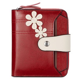 BOSTANTEN Leather Wallets for Women RFID Blocking Zipper Pocket Small Bifold Wallet Card Case Floral Red