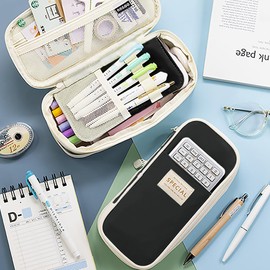 MAMUNU Expandable Pencil case with compartments, Large Capacity Pencil Cases Pencil Bag Pouch Adults, Portable Pencil Case Large School Stationery Organizer, Makeup Cosmetic Bag (Black)