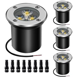 AHSELLUS 4 Pack Low Voltage LED Landscape Lights - 3W 12V/24V IP67 Waterproof In-Ground Well Lights with Convex Lens for Driveway, Garden, Pathway, Deck (Warm White 3000K) + 8 Wire Connectors Included