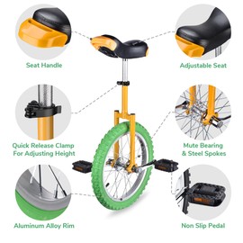 AW 16 in Wheel Outdoor Unicycle Adjustable Seat Exercise Bicycle for Adults Kids Outdoor Sports Fitness Exercise Yellow Green