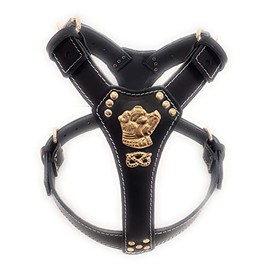M&D Beautiful Black Leather Dog Harness Large with Brass Staffordshire Bullterrier Head Motif & Knot
