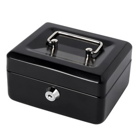 Small Lock Box with Money Tray, Cash Box for Kids, Portable Metal Money Safe for Cash, Lockbox Black