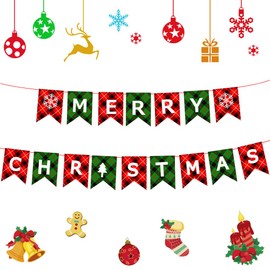 MERRY CHRISTMAS Banner, Red Green Plaid Christmas Bunting, Xmas Party Supplies