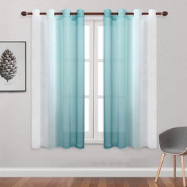 DWCN Ombre Sheer Curtains - Faux Linen Semi Voile Gradient Grommet Top Girl's Bedroom and Living Room Drapes, Set of 2 Window Curtain Panels, 52 x 72 Inch Length, Teal