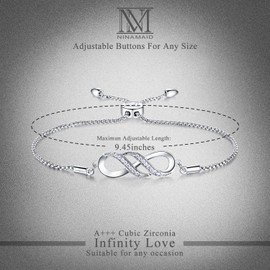 NINAMAID Sterling Silver Infinity Bracelets for Women Charm Bracelet Jewelry Gifts with CZ Stone Womens Bracelets