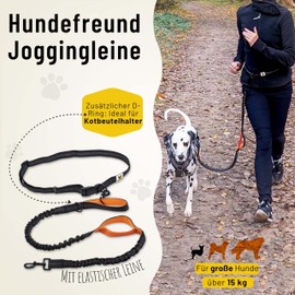 Hundefreund Jogging Lead for Large Dogs from 15 kg, Elastic hands-free lead with light belly strap, Detachable Dog Lead with 2 Soft Loops, Orange Running Lead (120 cm, Stretchable up to 170 cm)