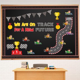 TICIAGA 89PCS Race Car Welcome Classroom Bulletin Board Decoration We Are On Track for A New Future Cutout DIY Racing Car Photo Picture Name Tag Motivational Cars Medal for Kindergarten Back to School