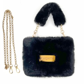 FHQHTH Fluffy Faux Fur Crossbody Bag for Women – Cute Small Purse with Chain Strap, Plush Evening Handbag & Makeup Bag [Black]