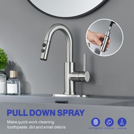 Kablle Bathroom Sink Faucet with Pull Down Sprayer, Brushed Nickel Single Handle Pull Out Faucet with Pop-Up Drain, 4 inch Widespread Laundry Bar Basin Faucet for 1 or 3 Hole, KBL-7002BN-CL