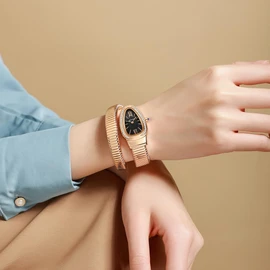 Gosasa Stylish Women's Snake Shape Bangle Watch Unique Design Snake Coil Elegant Dress Diamond Bracelet Ladies Quartz Wristwatch with Roman Numerals Dial, Rose Black, Unique