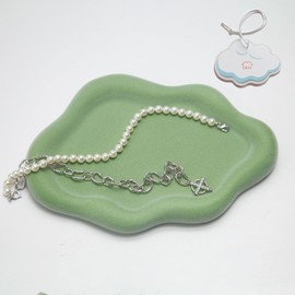 MDFAYE Jewelry Dish Trinket Tray for Women, Ring Dish Holder, Unique Cloud Shape Ceramic Plate Cute Things Vanity Aesthetic Room Decor Mother's Day Birthday (Flocked Green)