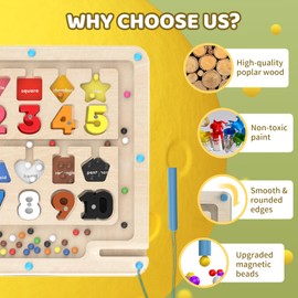 DRQ Magnetic Color and Number Maze - Wooden Color Matching Learning Counting Toddler Puzzle Board - Educational Fine Motor Skills Toys Montessori Toys for 3 4 5 Years Old, Number Shape