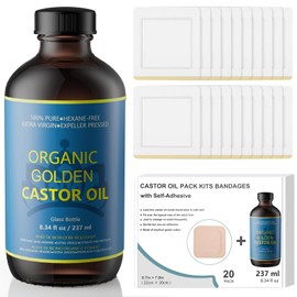 Hbaid Castor Oil Organic Cold Pressed Unrefined in Glass Bottle (8fl.oz/237ml), 20 Pieces 8.7 x 7.9 Inch Self-Adhesive Castor Oil Pack Made of Organic Cotton for Liver Detox Kit