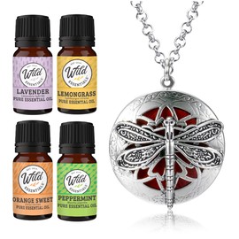 Wild Essentials Dragonfly Necklace Essential Oil Diffuser Kit with Lavender, Lemongrass, Peppermint, Orange Oils, 12 Refill Pads, Calming Aromatherapy Gift Set, Customizable Color Changing, Perfume