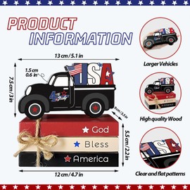 DISENB 4th of July Wooden Truck Signs Decorations, Memorial Day Patriotic Independence Day Table Decoration，Truck and Wooden Faux Book Stack Sign for Home Tables
