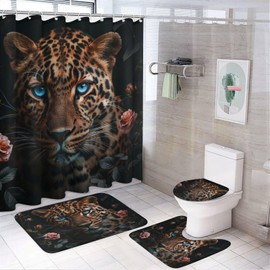 TOWINSFB 4Pcs Funny Leopard Rose Shower Curtain Sets, Bathroom Decor Set with Rugs, Bath Mat Beautiful Flower Jungle Animal Shower Curtain, 72 X 72 Inch
