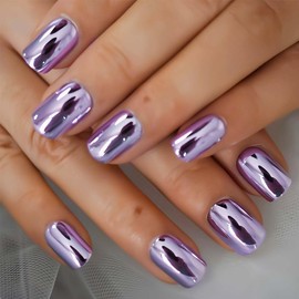 Square Press On Nails Medium Fake Nails Chrome False Nails With Mirror Metal Design Purple Acrylic Full Cover Stick On Nail Aurora Glue On Nail For Women Manicure Art 24pcs