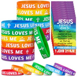 Humyoun 30 Sets/ 60 Pcs Jesus Loves Me Silicone Wristbands with Bible Verse Cards, 1 John 3 1 Christian Religious Party Favors Gift VBS Rainbow Wristbands for Bible School Church Group