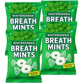 Wintergreen Breath Mints Hard Candy 4 Bags (6.25 oz Each) - Individually Wrapped, Refreshing Fresh Taste