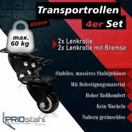 PRIOstahl Furniture Castors Brake Castors Heavy Duty Castors Transport Castors Black Premium Wheels - 2 x Swivel Castors + 2 x Brake Castors 40 mm + Mounting Screws and Bit for Furniture Cabinets