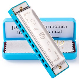 JDR Blues Harmonica Diatonic 10 Holes C Key Armonica Mouth Organ for Beginner Kids Children Students Gift With Carrying Plastic Case Clean Cloth and Manual Blue